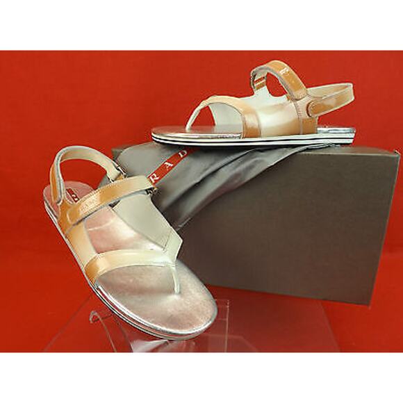 PRADA PATENT OMBRE LEATHER FLATS TWO TONES GLADIATOR LOGO THONG SANDALS 37.5 - Picture 1 of 12